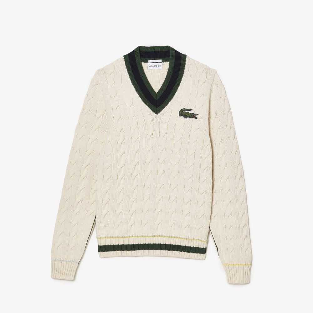 Lacoste V-Neck Cable Knit in Organic Bomull Vita | KZWDO-9415