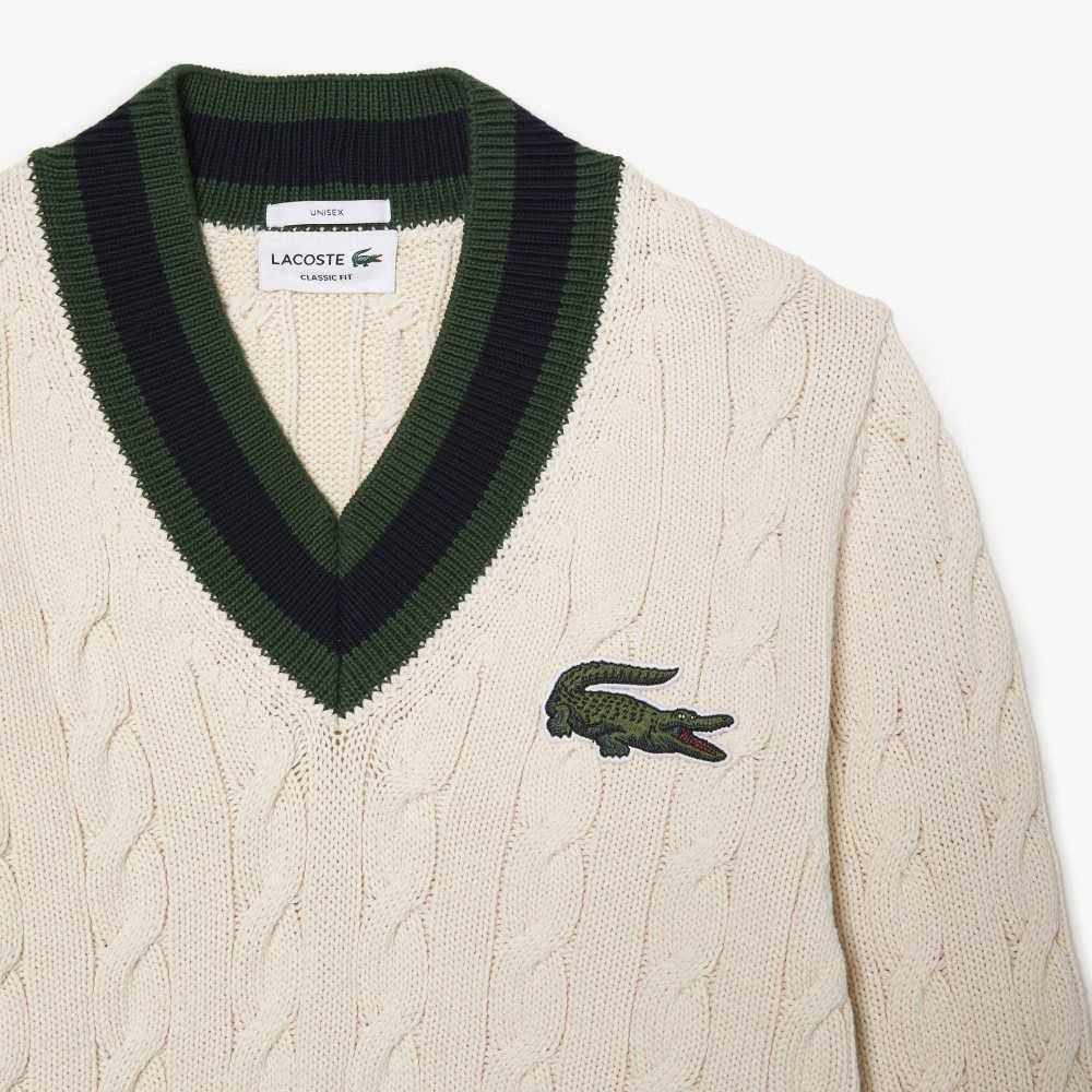 Lacoste V-Neck Cable Knit in Organic Bomull Vita | KZWDO-9415