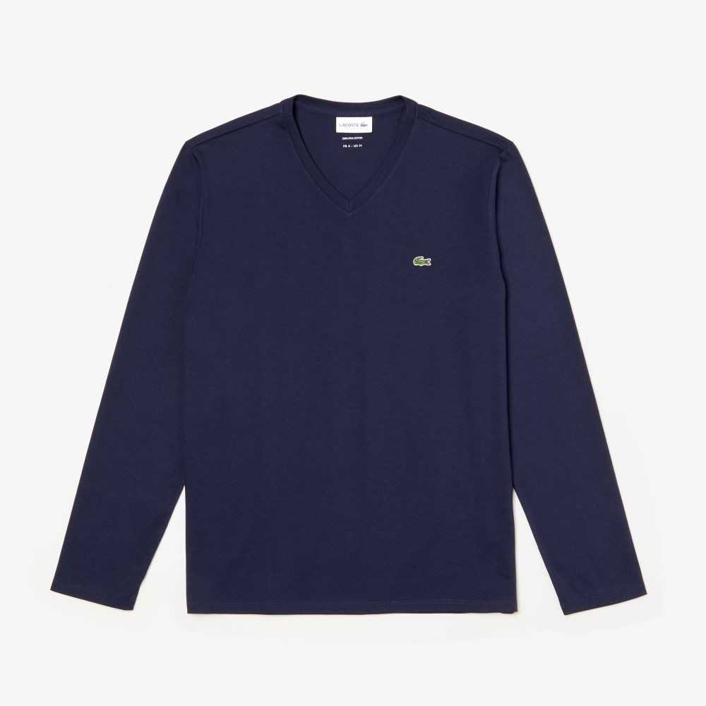 Lacoste V-Neck Lätta Pima Bomull Jersey Marinblå Blå | GXYJH-0278