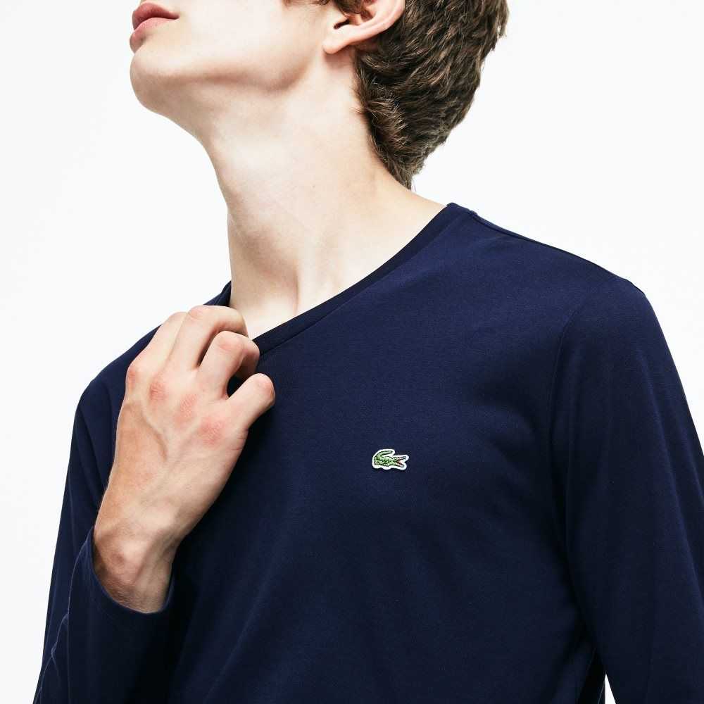 Lacoste V-Neck Lätta Pima Bomull Jersey Marinblå Blå | GXYJH-0278