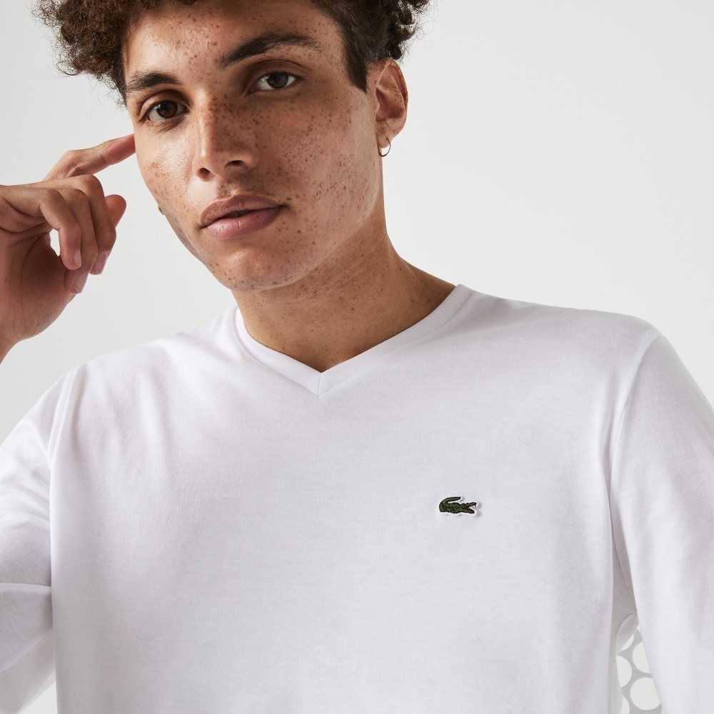 Lacoste V-Neck Lätta Pima Bomull Jersey Vita | KSBOU-3180