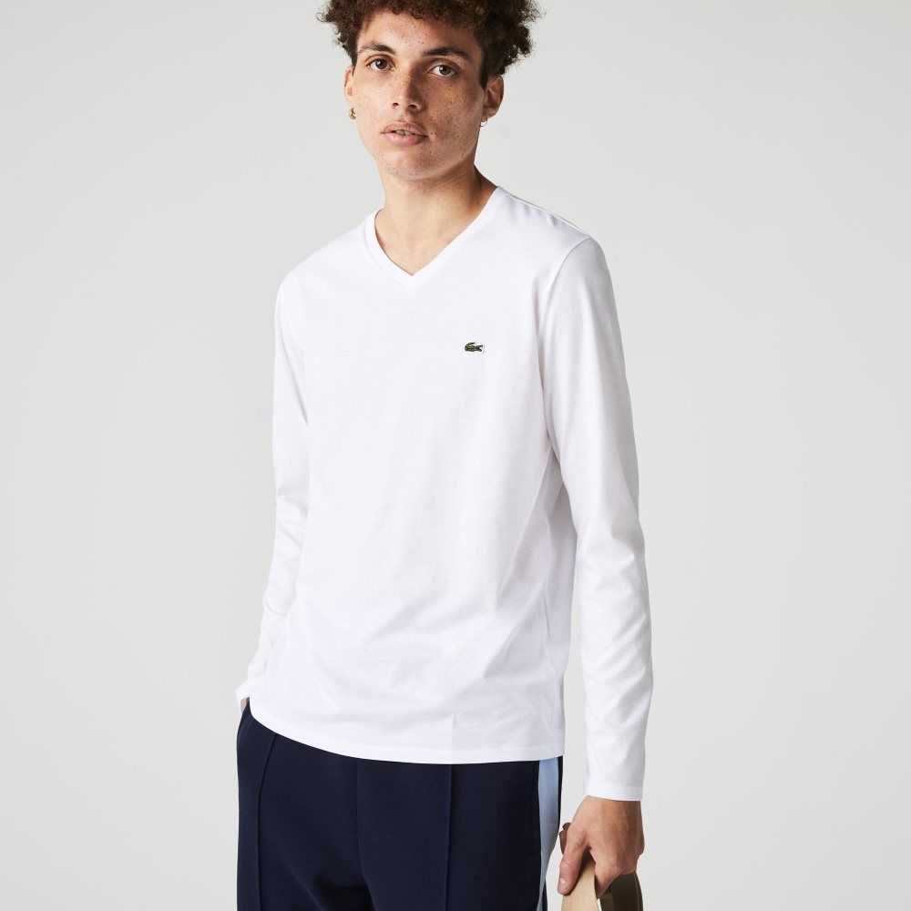 Lacoste V-Neck Lätta Pima Bomull Jersey Vita | KSBOU-3180