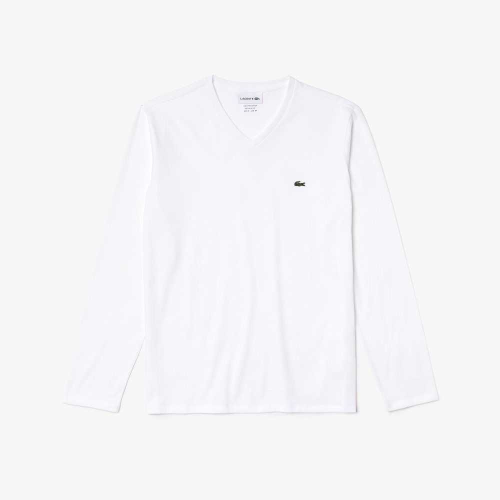 Lacoste V-Neck Lätta Pima Bomull Jersey Vita | KSBOU-3180