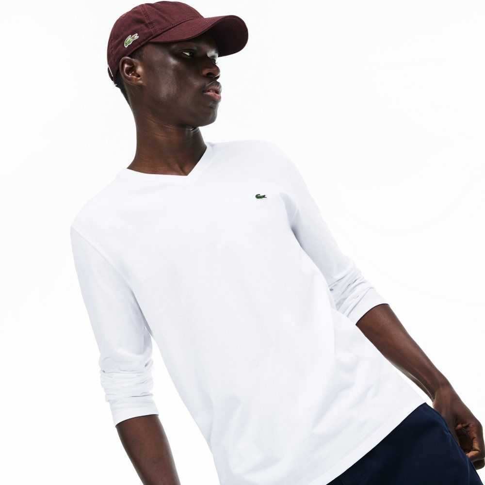 Lacoste V-Neck Lätta Pima Bomull Jersey Vita | KSBOU-3180