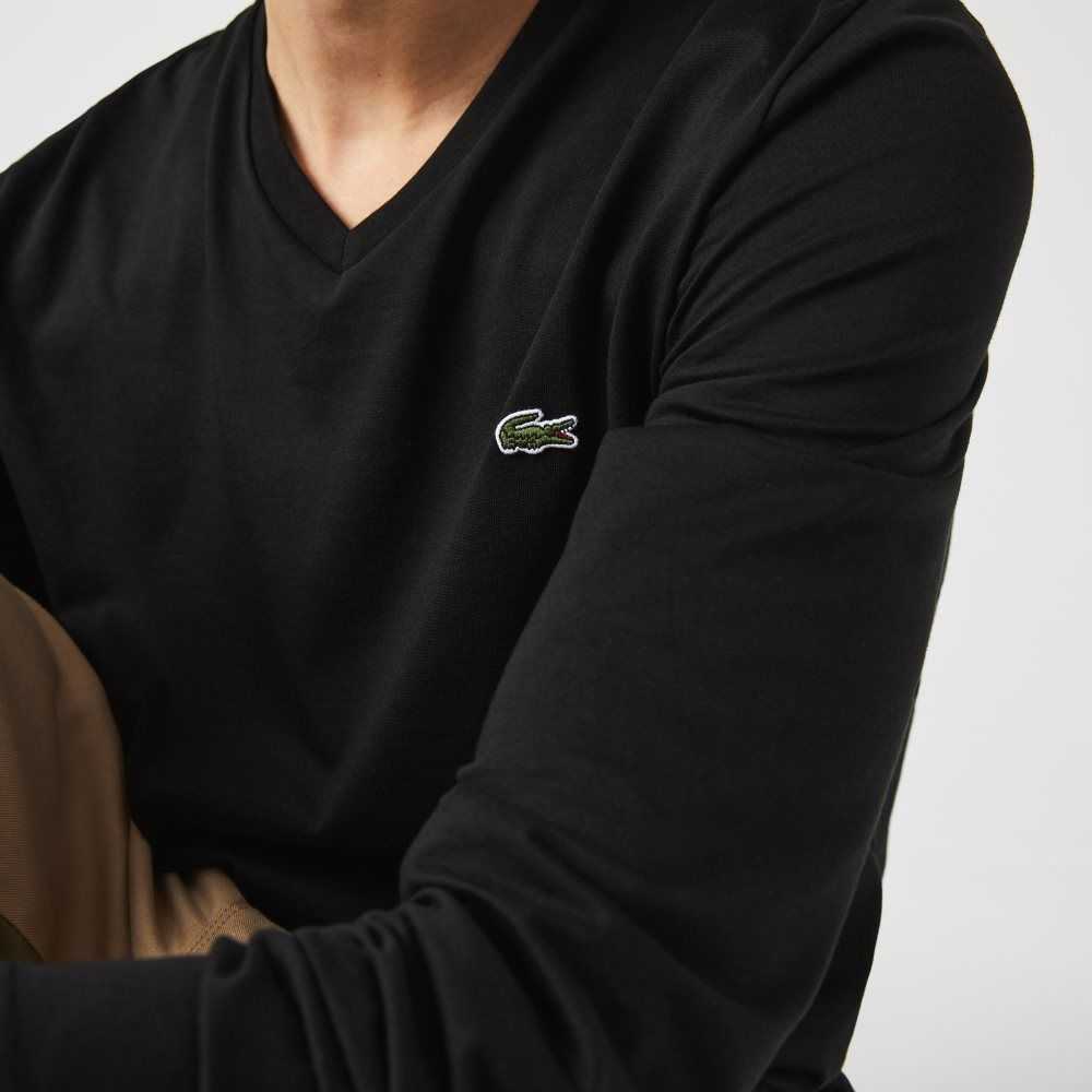 Lacoste V-Neck Lätta Pima Bomull Jersey Svarta | ULFND-0283