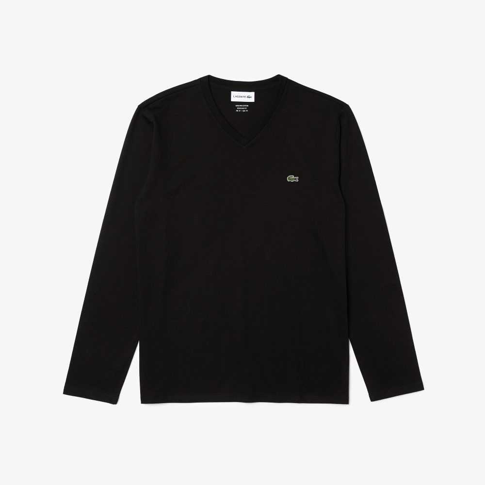 Lacoste V-Neck Lätta Pima Bomull Jersey Svarta | ULFND-0283