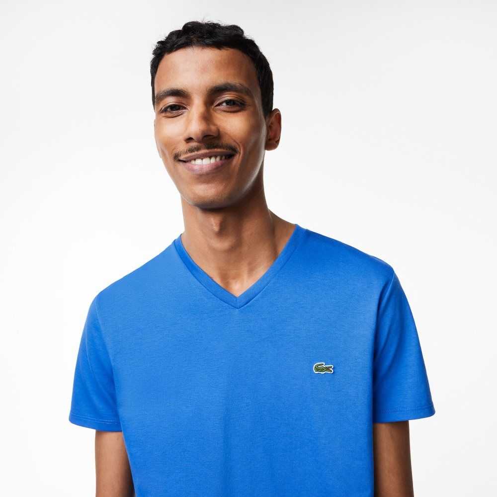 Lacoste V-Neck Pima Bomull Jersey Blå | QHLFM-3819