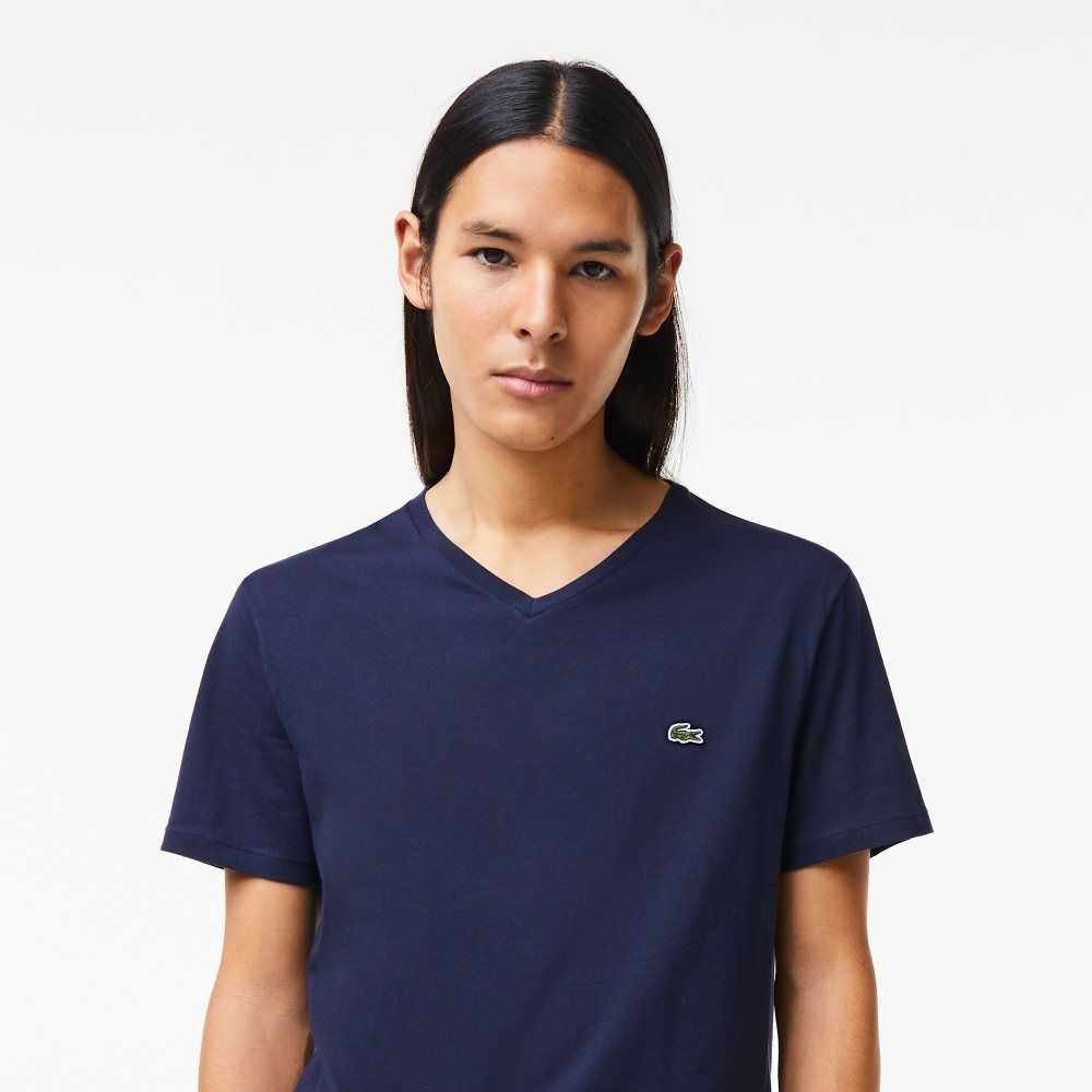 Lacoste V-Neck Pima Bomull Jersey Marinblå Blå | QWMGJ-7305