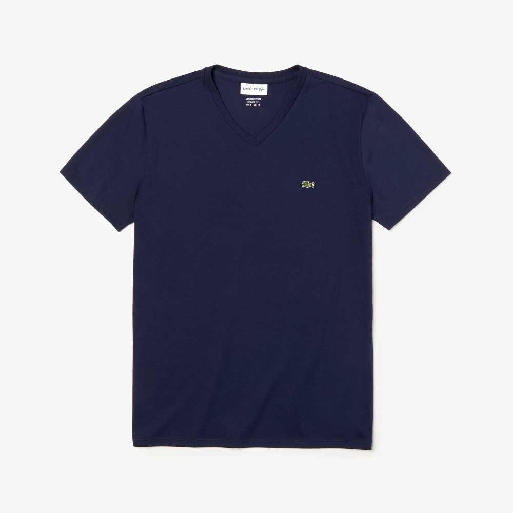 Lacoste V-Neck Pima Bomull Jersey Marinblå Blå | QWMGJ-7305