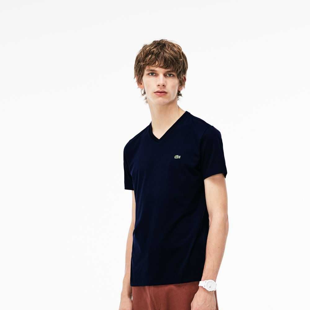 Lacoste V-Neck Pima Bomull Jersey Marinblå Blå | QWMGJ-7305