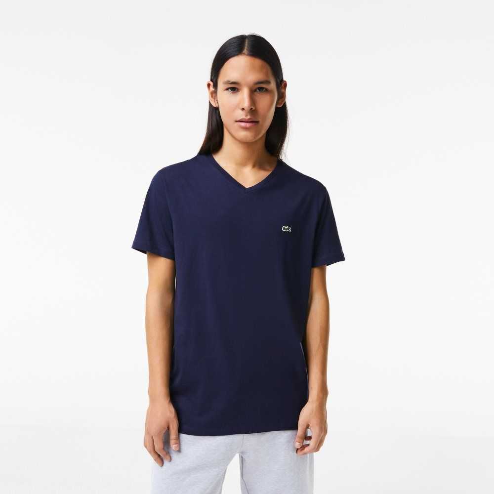 Lacoste V-Neck Pima Bomull Jersey Marinblå Blå | QWMGJ-7305