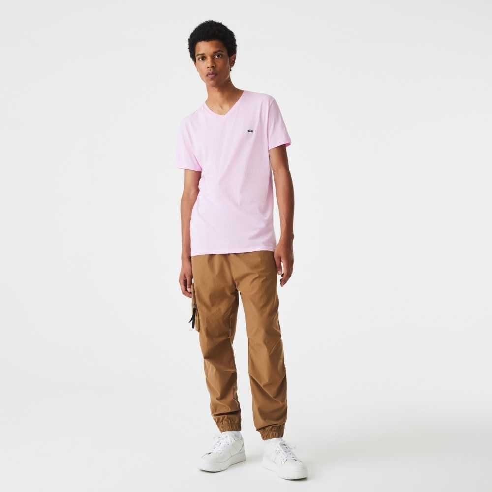 Lacoste V-Neck Pima Bomull Jersey Rosa | IOFWM-8520