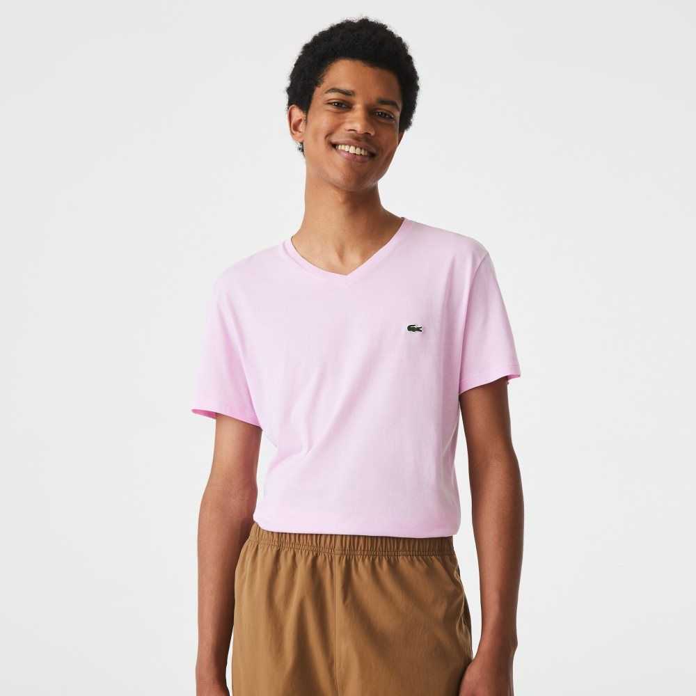 Lacoste V-Neck Pima Bomull Jersey Rosa | IOFWM-8520