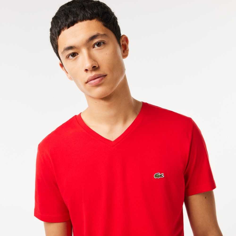 Lacoste V-Neck Pima Bomull Jersey Röda | OSIHW-8291