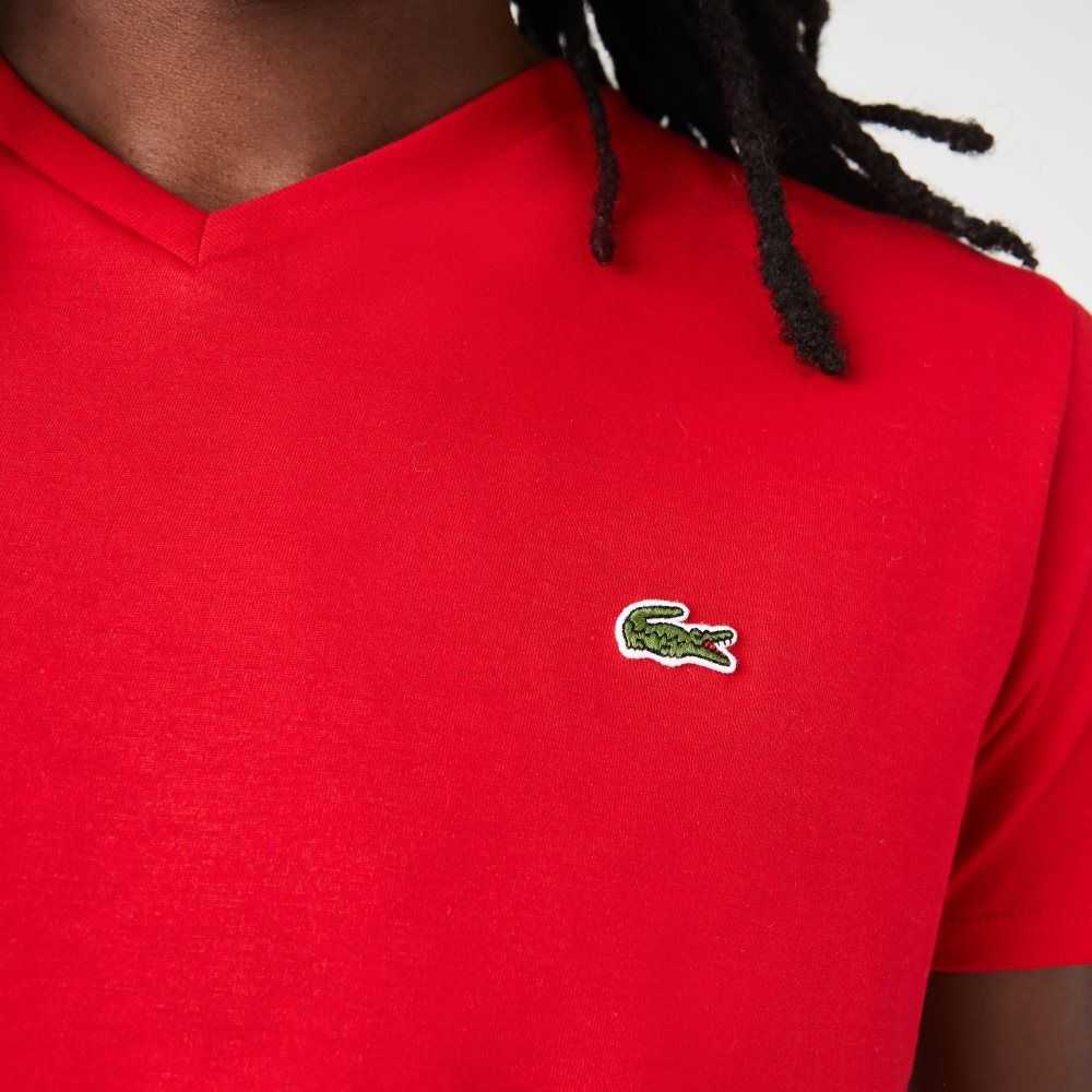 Lacoste V-Neck Pima Bomull Jersey Röda | OSIHW-8291