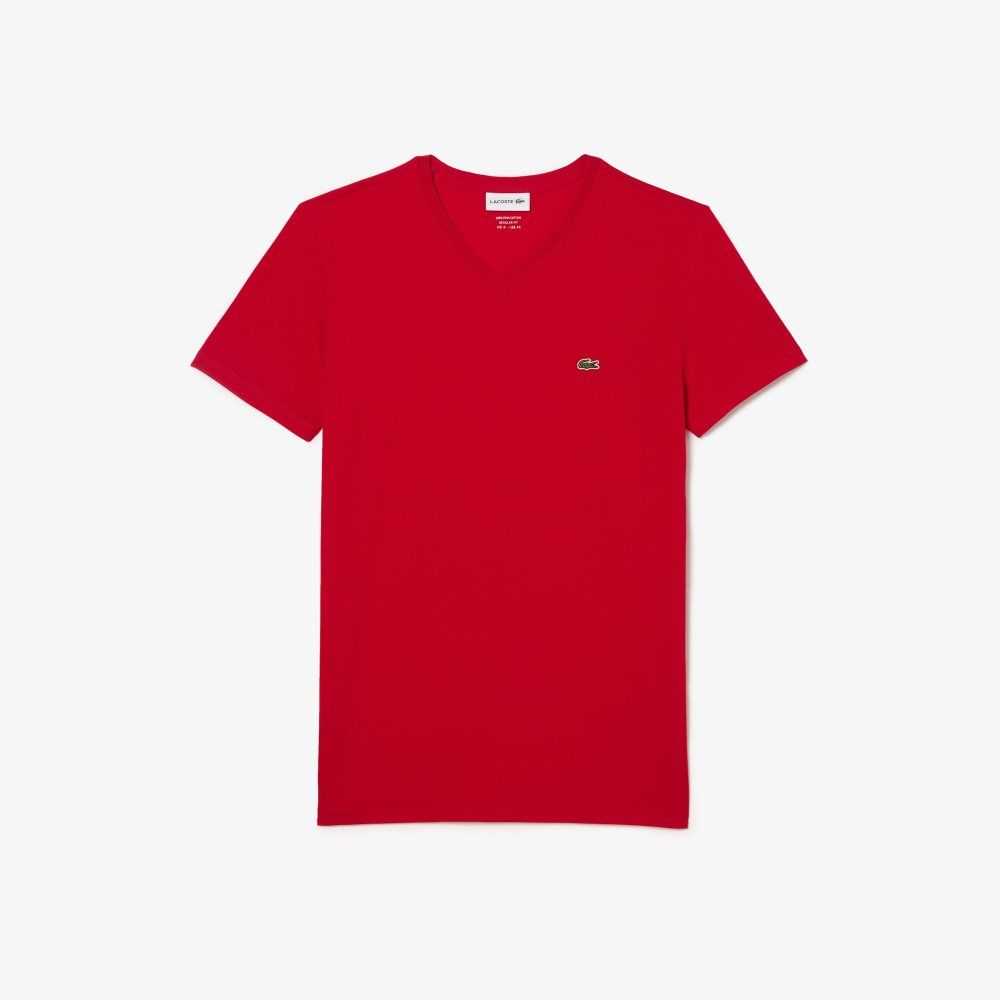 Lacoste V-Neck Pima Bomull Jersey Röda | OSIHW-8291