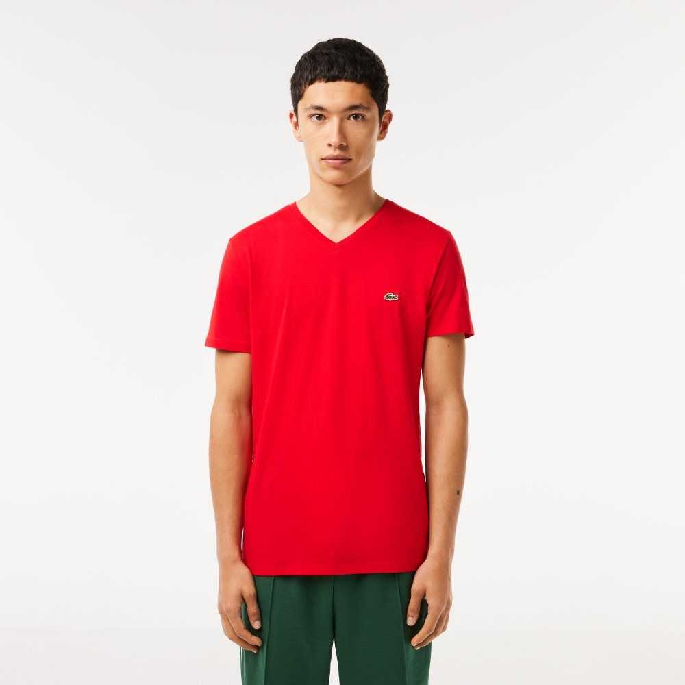 Lacoste V-Neck Pima Bomull Jersey Röda | OSIHW-8291