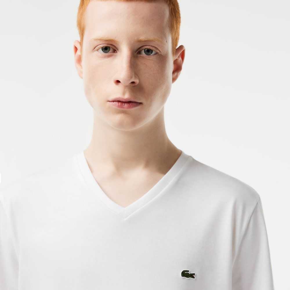 Lacoste V-Neck Pima Bomull Jersey Vita | JFRHK-0231