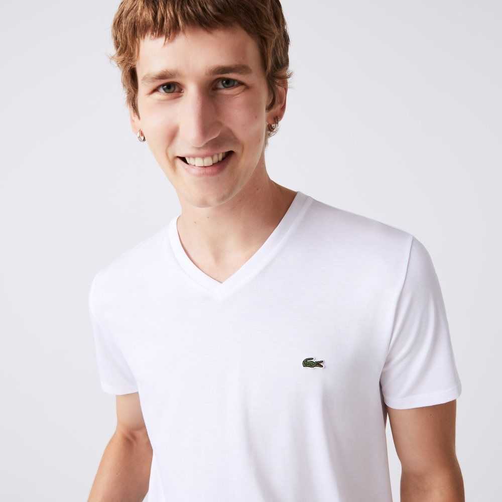 Lacoste V-Neck Pima Bomull Jersey Vita | JFRHK-0231