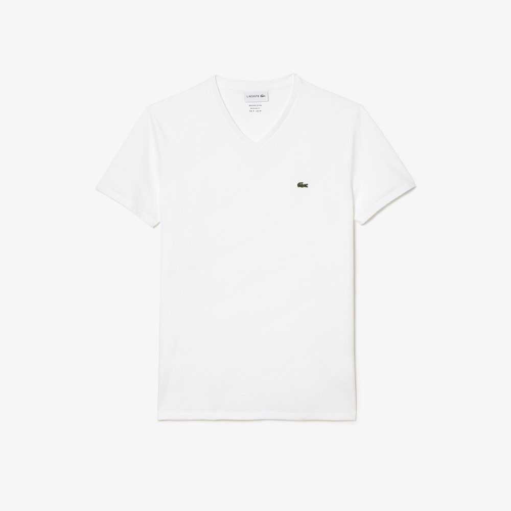 Lacoste V-Neck Pima Bomull Jersey Vita | JFRHK-0231