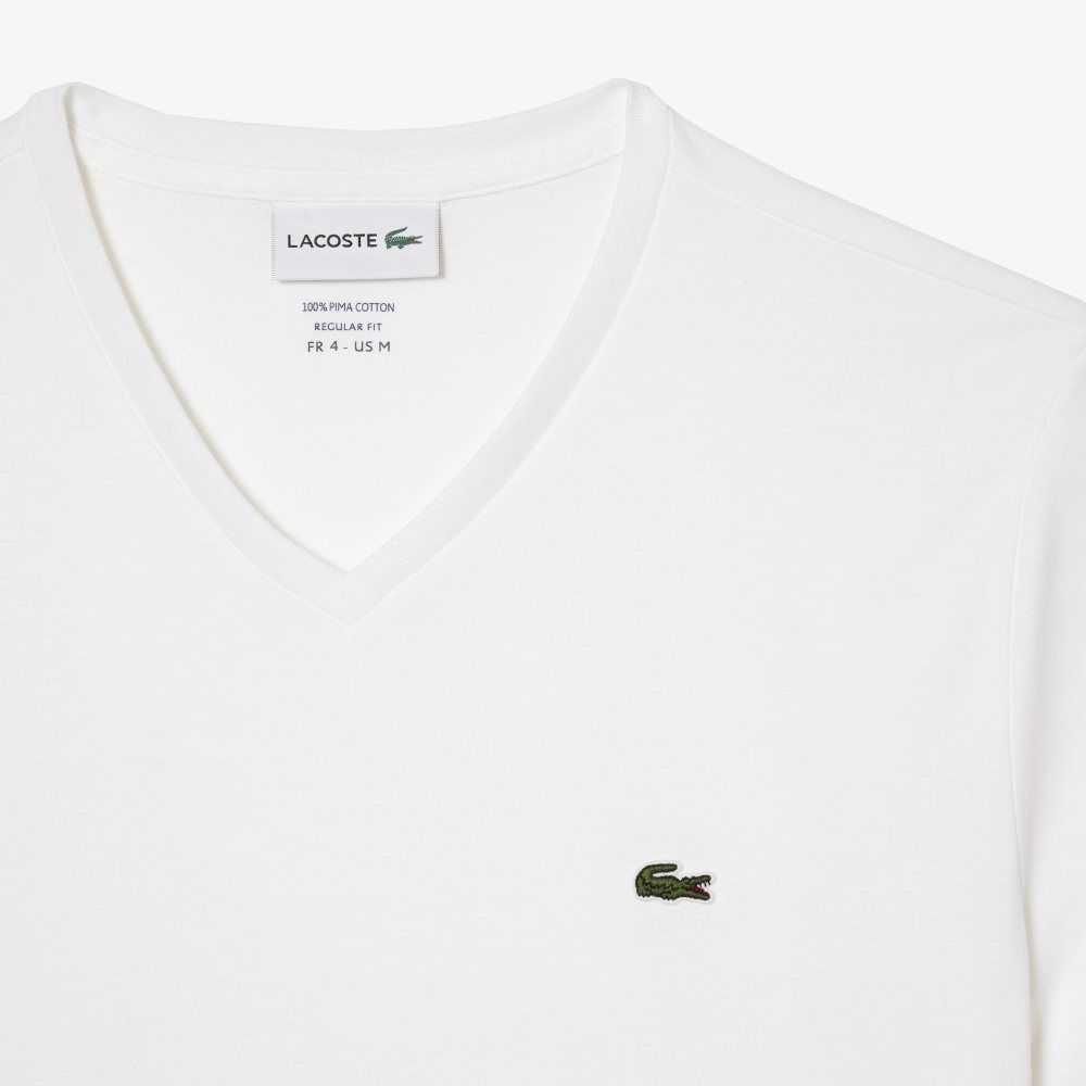 Lacoste V-Neck Pima Bomull Jersey Vita | JFRHK-0231