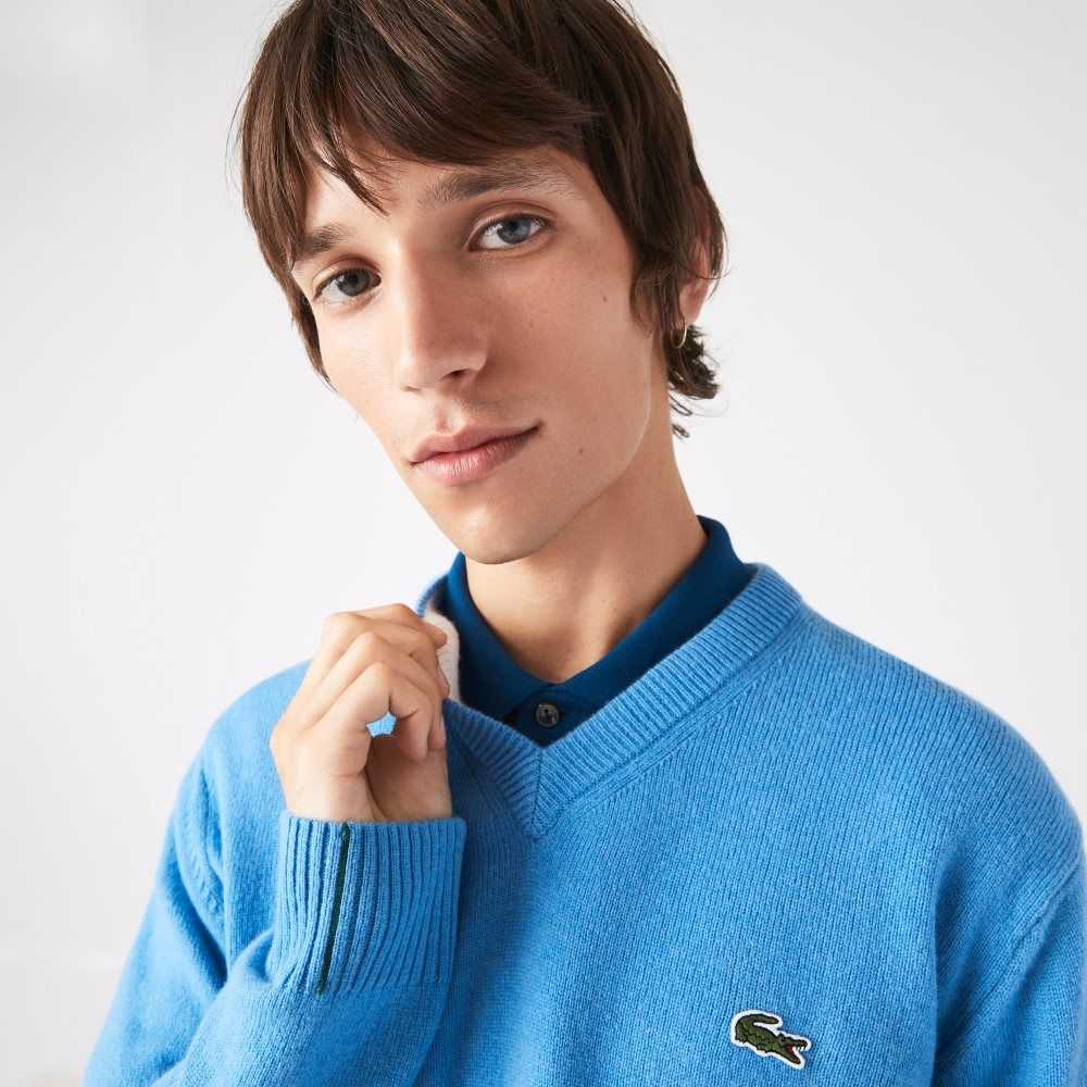 Lacoste V-Neck Ull Blå | ZMXTD-7085