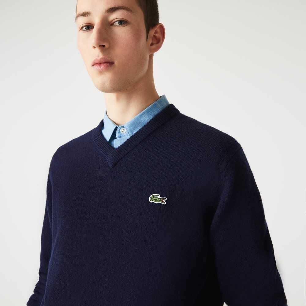 Lacoste V-Neck Ull Marinblå Blå | HGTIO-2104