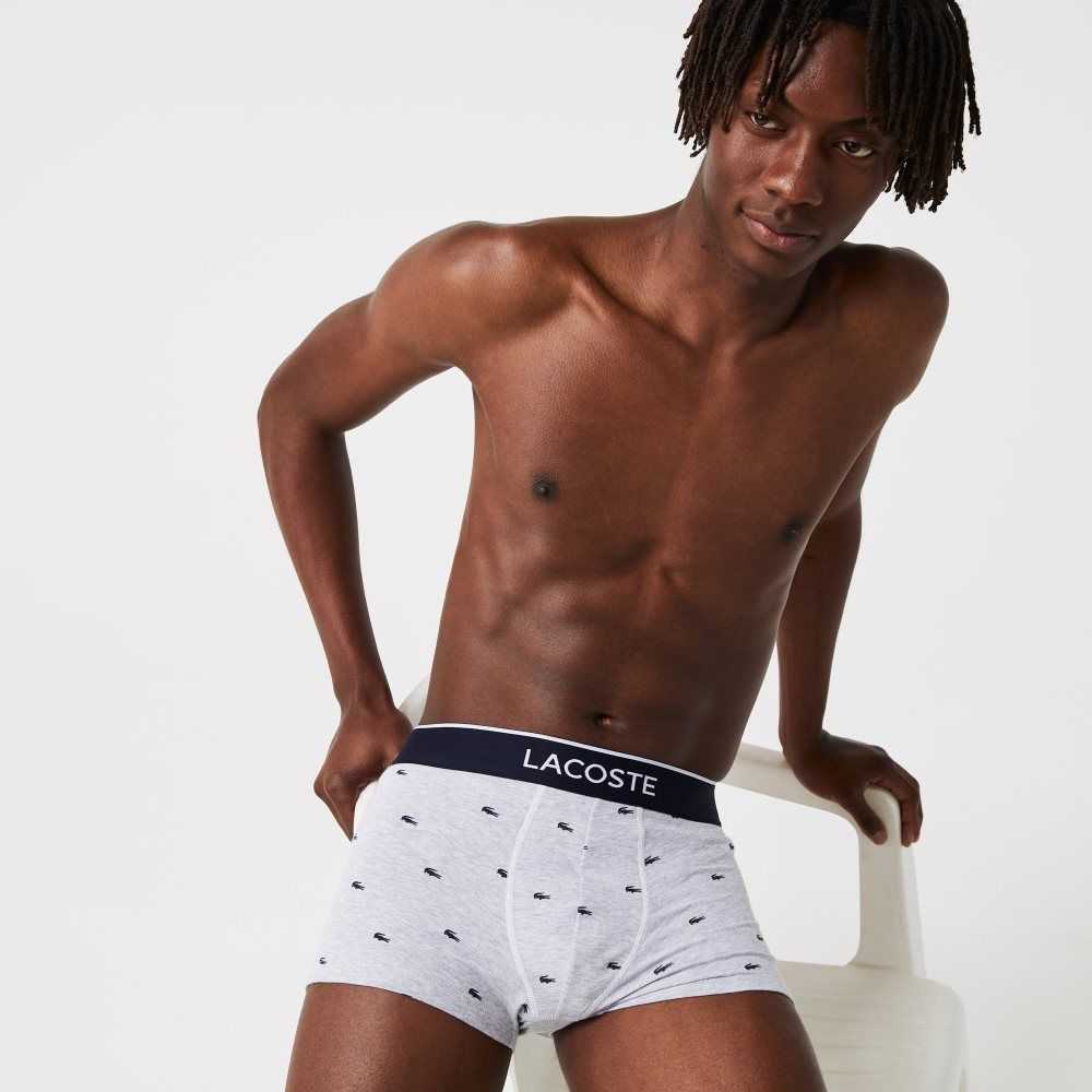 Lacoste Vanliga Signature Boxer Trunks 3-Pack Marinblå Blå Grå Röda | GTNCI-2376