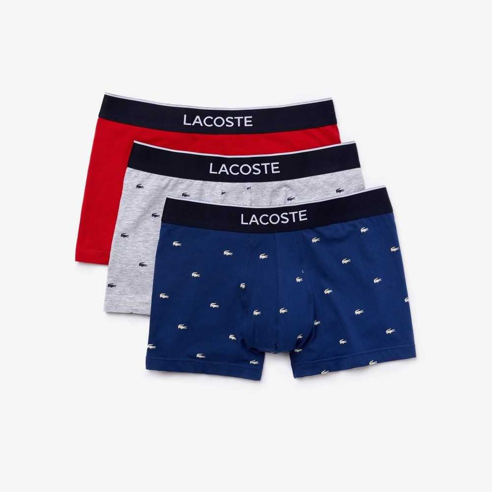 Lacoste Vanliga Signature Boxer Trunks 3-Pack Marinblå Blå Grå Röda | GTNCI-2376