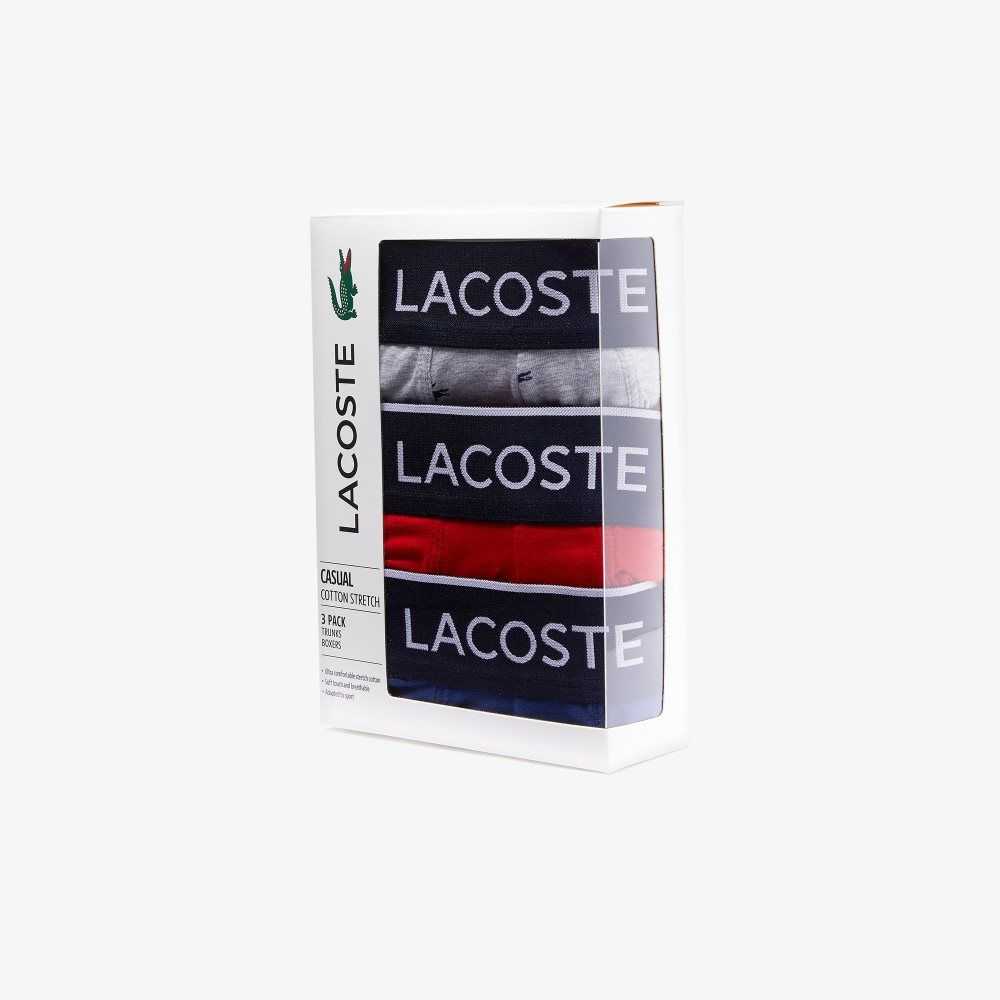 Lacoste Vanliga Signature Boxer Trunks 3-Pack Marinblå Blå Grå Röda | GTNCI-2376