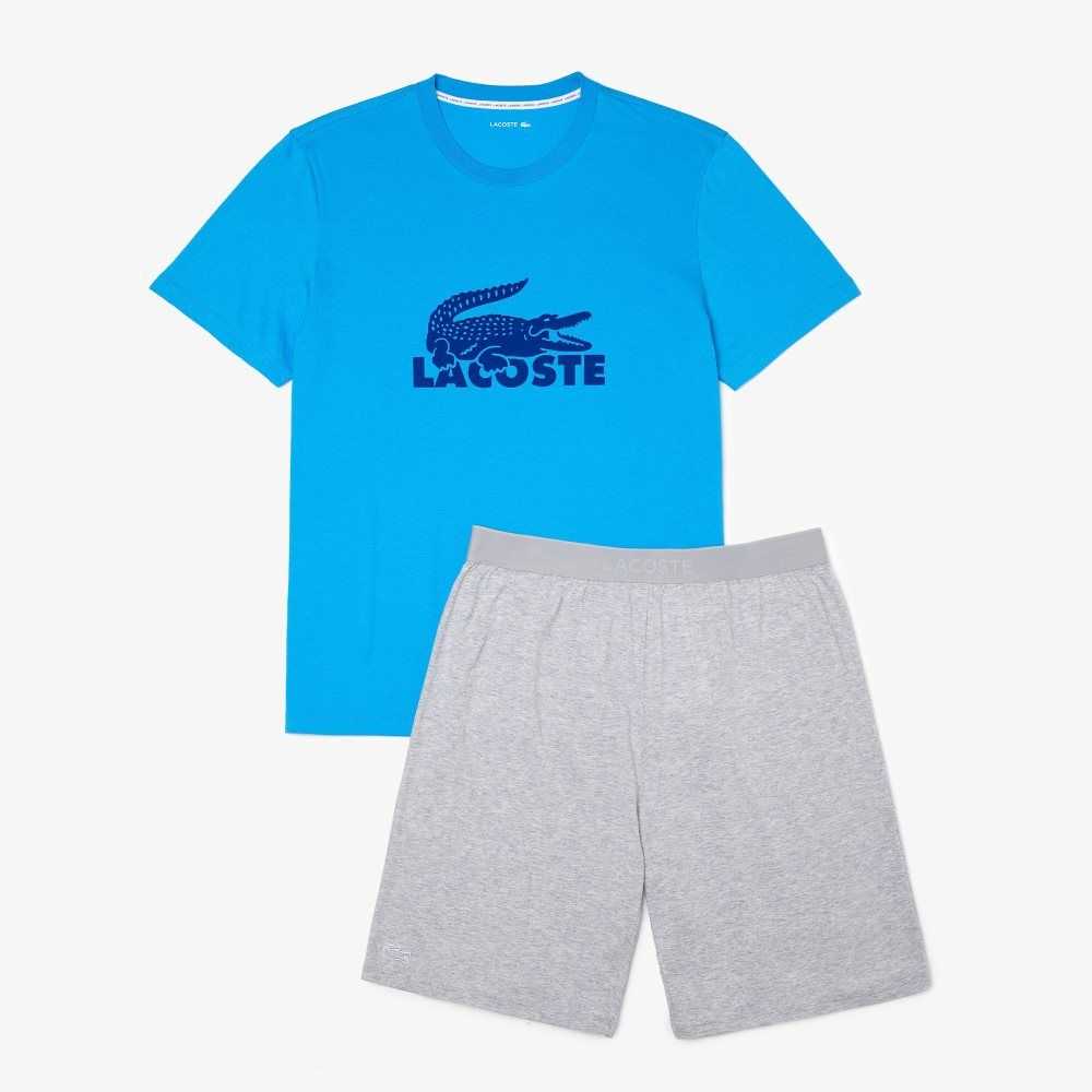 Lacoste Velvet Logo Korta Pajama Set Blå Grå | TPGOX-1453