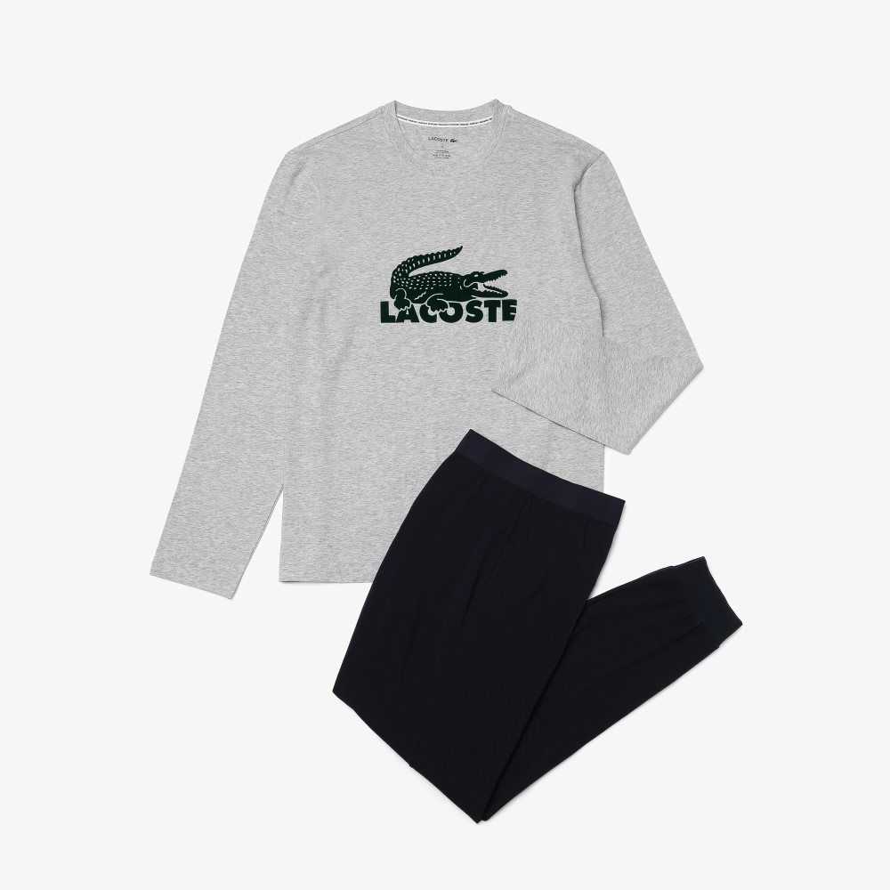 Lacoste Velvet Logo Long Pajama Set Marinblå Blå Grå Gröna | EOIPR-7912