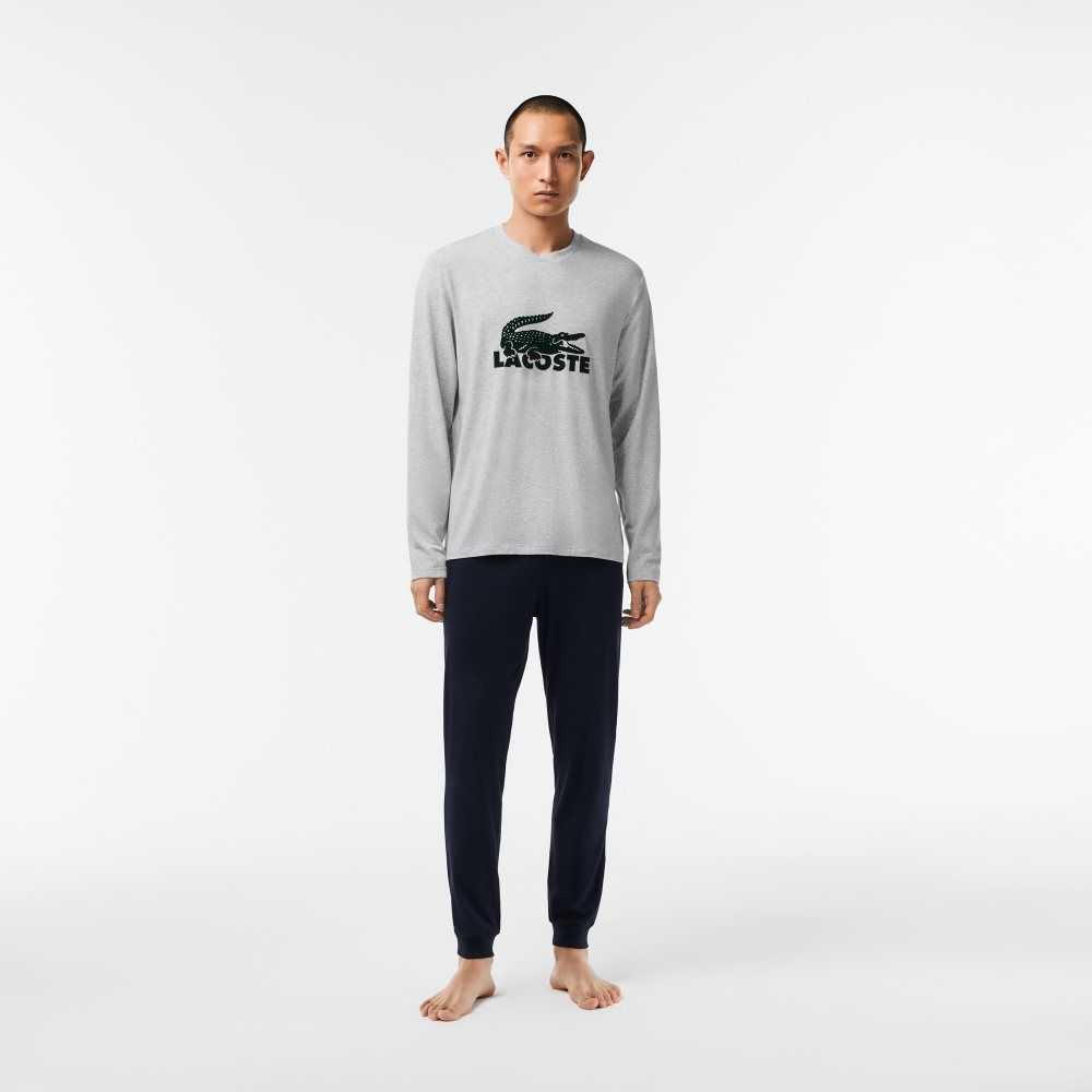 Lacoste Velvet Logo Long Pajama Set Marinblå Blå Grå Gröna | EOIPR-7912