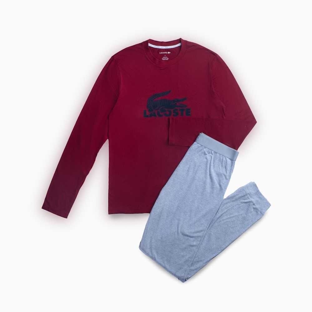 Lacoste Velvet Logo Long Pajama Set Vinröda Mörkgrå Grå | GVRPF-2879