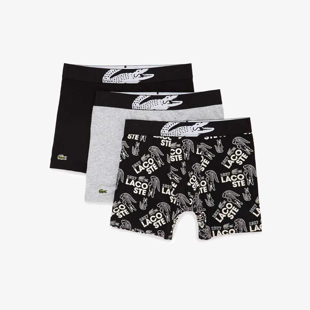 Lacoste XXL Crocodile Midja Long Stretch Bomull Boxer Brief 3-Pack Svarta Vita Grå | CWKXG-3596