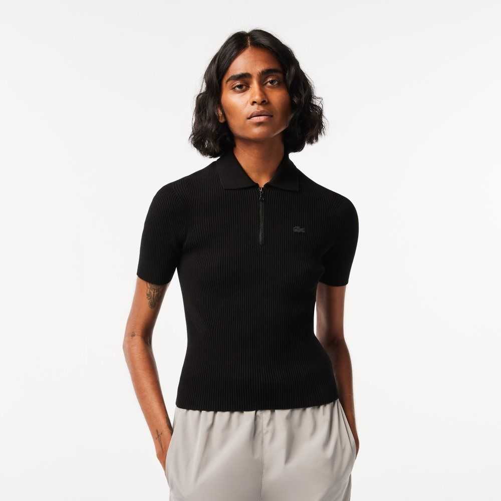 Lacoste Zipped Knit Polo Svarta | SLBHD-3597