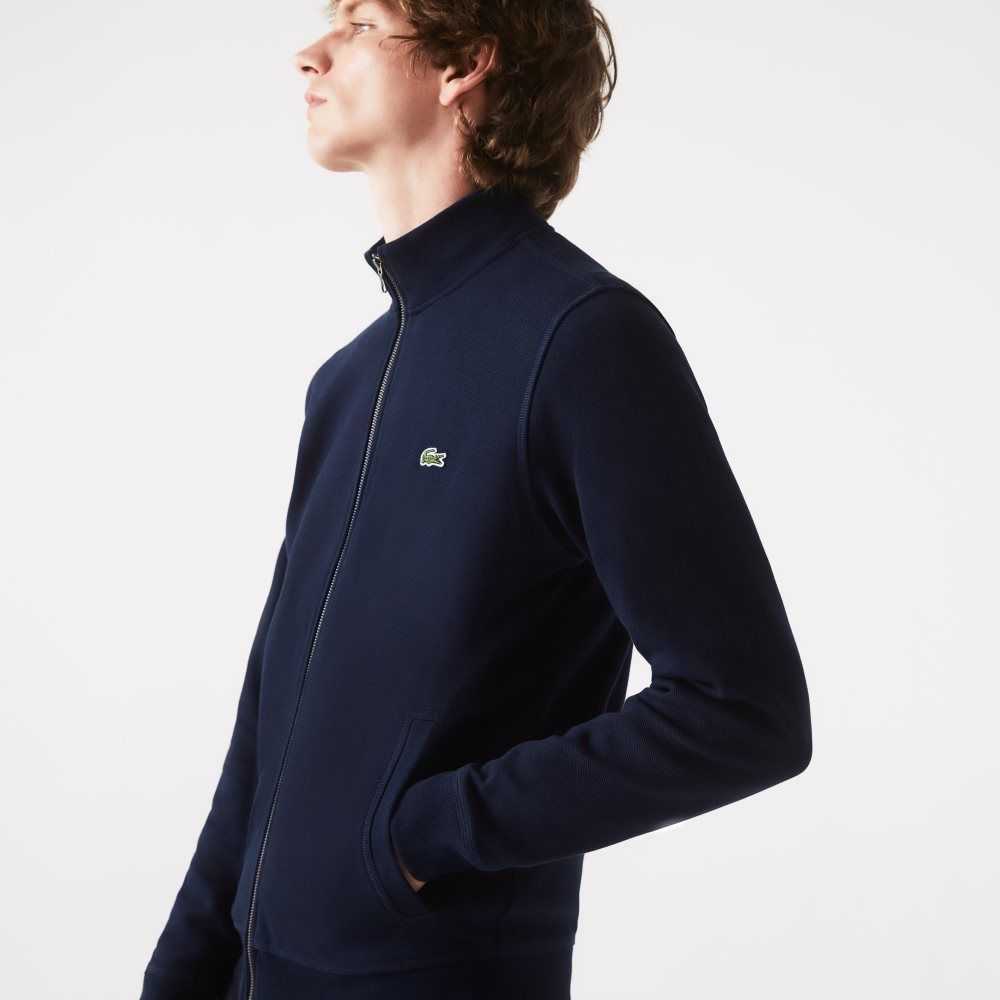 Lacoste Zippered Stand-Up Collar Pique Fleece Jacket Marinblå Blå | SXCVW-4170