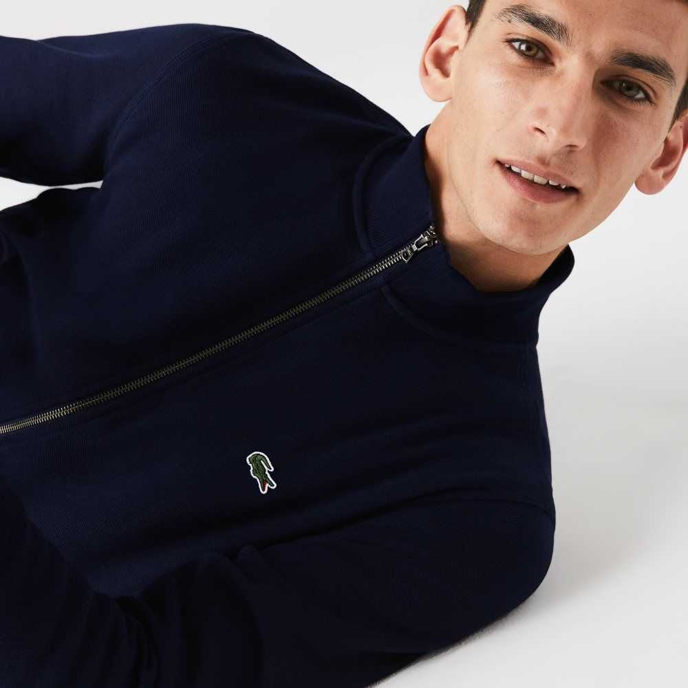 Lacoste Zippered Stand-Up Collar Pique Fleece Jacket Marinblå Blå | SXCVW-4170